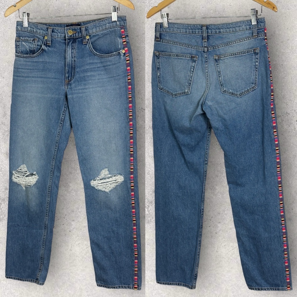 Ramy Brook Rosie Boyfriend Jeans Embroidered‎ Stripe Size 25 Boho Distress Denim - Picture 5 of 16